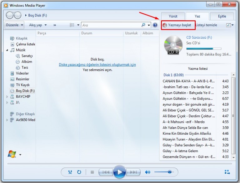 araba mp3 cd yazma programı